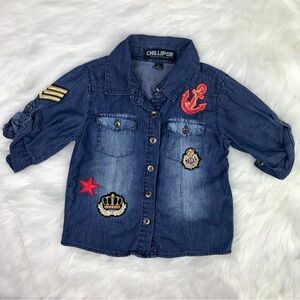 Toddler Girls Denim Rolled Sleeve & Fancy Patches Shirt Top 4T